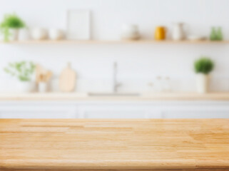 Wood table top on blurred kitchen background. can be used mock up for montage products display or...