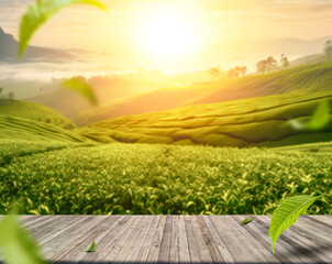 Tea plantation and mountain panorama view with empty Wooden terrace for product display design