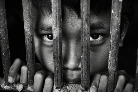 Portrait of a teenage prisoner staring intently into the camera behind the bars of a prison cell.