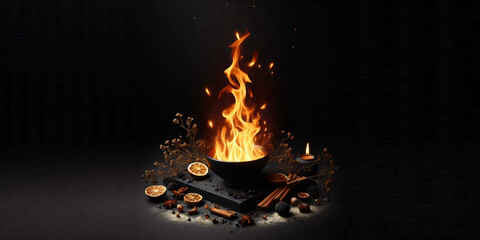 Fiery Explosion on Black Background: Dynamic Fire Burst