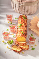 Homemade gooseberry yeast cake freshly baked in summer kitchen.