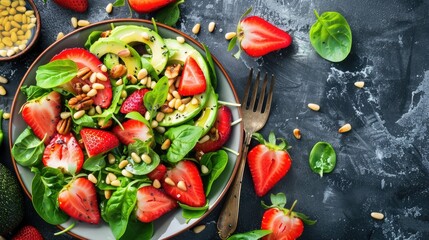 Vegan salad with avocado strawberries and pine nuts for breakfast
