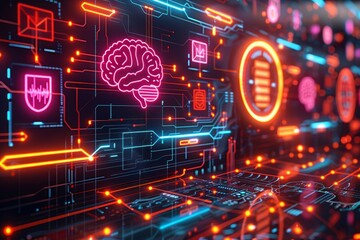 A high-tech digital background featuring neural network patterns, data transfer lines, and encryption symbols. Ideal for illustrating artificial intelligence, data processes, science, and education. 