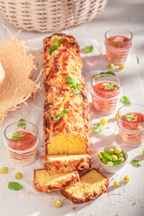 Sweet and tasty gooseberry yeast cake as summer dessert.