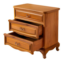 Antique wooden dresser with ornate handles and open drawers, rustic furniture piece cut out png on transparent background