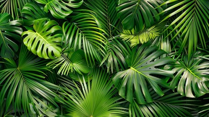 Overhead view of lush tropical palm leaves laid out flat