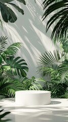Obraz premium White podium in a tropical setting with green leaves and shadows, minimalist nature concept