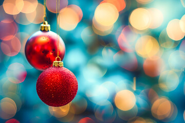 Fototapeta premium Bokeh lights featuring red Christmas ornaments