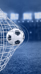 soccer ball in goal net stadium vertical with place for text