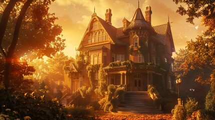 Fototapeta premium A stunning old-fashioned house with a warm golden glow from the setting sun.
