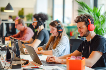 Happy team working in modern office