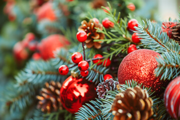 Obraz premium Christmas baubles decorations in red