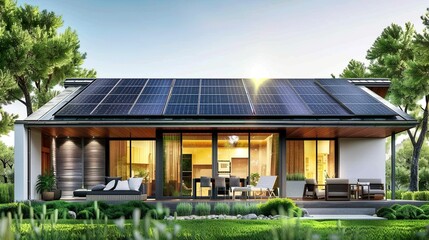 Modern Eco-Friendly Home Solar Panels Green Architecture Sustainable Design Evening Light 