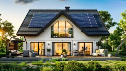 Eco-Friendly Modern Home Solar Panels Sustainable Design Evening Light Green Living