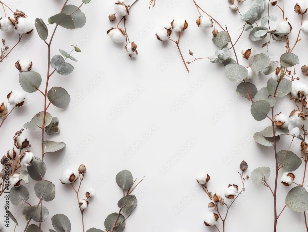 Sticker eucalyptus and cotton flowers on white