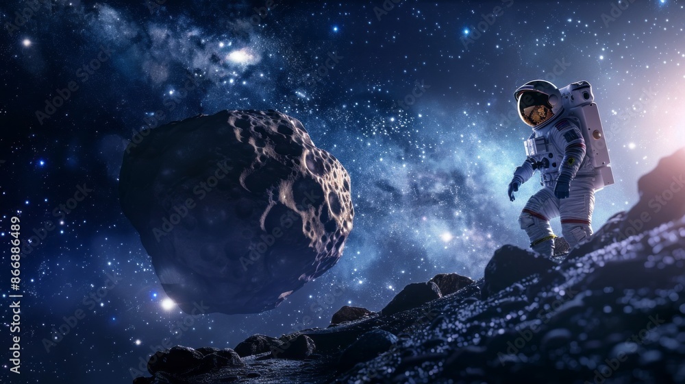 Poster an astronaut in a spacesuit walks on a rocky surface, with a massive asteroid and a starry sky as a 