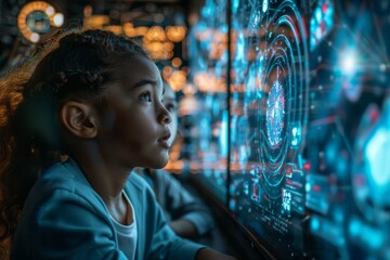 Obraz premium Focused young multiracial girl in futuristic control room with holographic screens