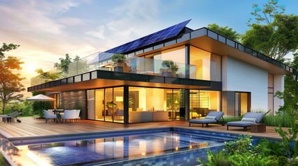 Obraz premium Modern Eco-Friendly House with Solar Panels Sustainable Green Architecture