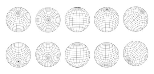 Globe grid spheres. Striped 3D wireframe spheres, geometry globe grid, earth latitude and longitude line grid vector symbols set