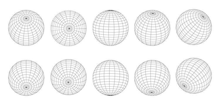 Globe grid spheres. Striped 3D wireframe spheres, geometry globe grid, earth latitude and longitude line grid vector symbols set