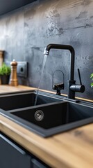 Modern kitchen sink with black faucet flowing water, contemporary kitchen design concept