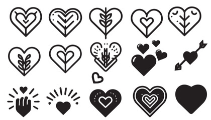 Collection of black heart icons, Hand-drawn hearts.Vector illustration symbol icon set.black and white.