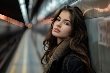 Young Woman Waiting Alone in a Subway Station