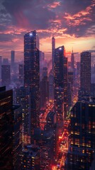 Fototapeta premium City skyline at dusk with illuminated skyscrapers and vibrant sunset