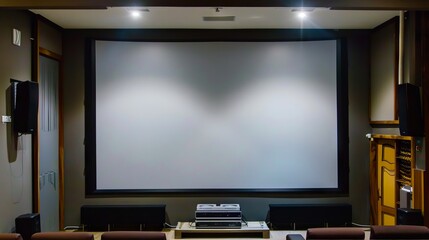 A home theater with a large screen and speakers.