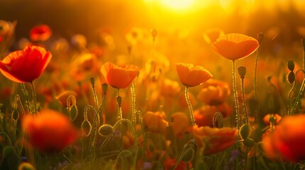 Obraz premium A field of orange poppies at sunset.