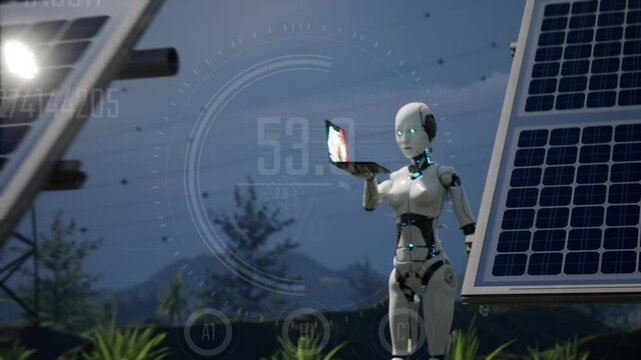 artificial intelligence robot stands among sources of alternative energy and holds a laptop on which it shows a graph showing how much energy it consumes