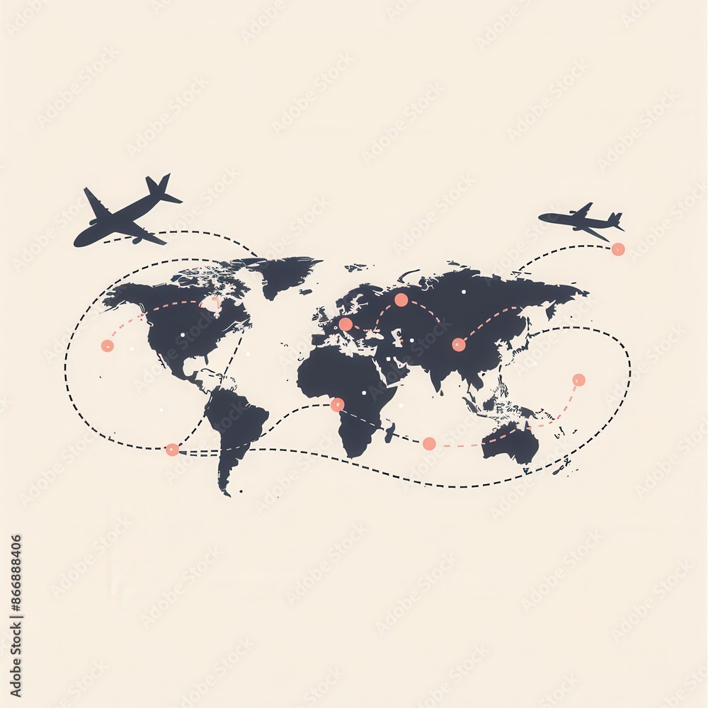 Aufkleber a minimalist design featuring a world map with highlighted flight routes and destinations. ideal for