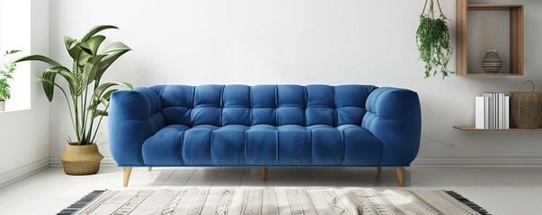 Modern living room with blue tufted sofa and indoor plants
