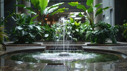 Naklejka premium office lobby featuring a water fountain that recycles water and is surrounded by lush indoor plants