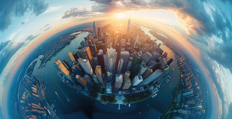 Cyber Earth, realistic style, urban architecture, fisheye and bird's-eye perspective. Generative AI.