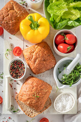 Tasty and spring buns with vegetables and spices.