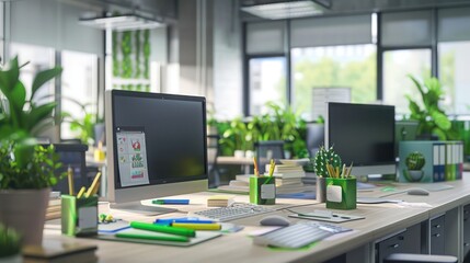 office space with energy-efficient computers and eco-friendly office supplies on the desks