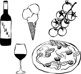 Ilustraciones de Italia dibujadas a mano. Iconos en vector para invitaciones, papelería, diseño. Clipart de pizza, vino y helado