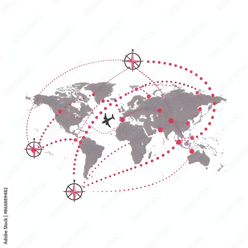 Aufkleber minimalist world map illustration with highlighted routes connecting cities and continents, a small 