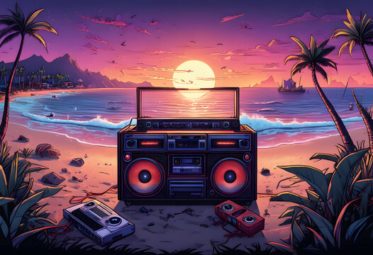 Sunset, waves, palm trees, old music player, creating a nostalgic atmosphere, old school music background, peaceful beach vibes.