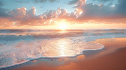 A tranquil coastal scene painted with the colors of sunrise, with golden light painting the sky and gentle waves lapping at the shore. Generative AI.