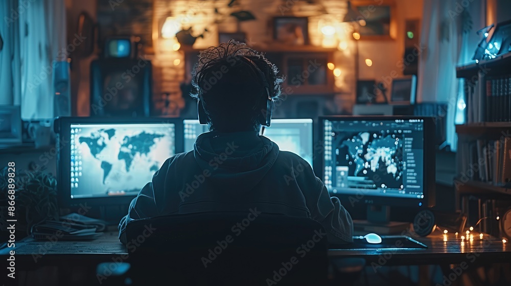 Poster a man working on computer in a dark room, back side. generative ai.
