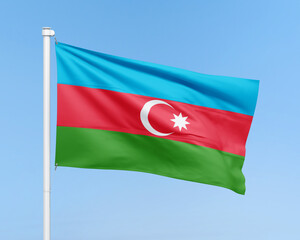 Azerbaijan flag illustration on stick on sky background. Realistic flag illustration