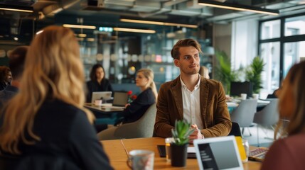 startup founder leading a strategy meeting with team members in a stylish, open-plan office