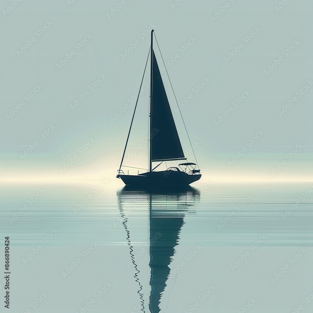 Aufkleber a minimalistic and elegant silhouette of a sailboat on a calm sea at dawn. generative ai