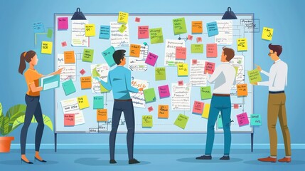 Entrepreneurs brainstorming marketing strategies on a large whiteboard filled with colorful sticky notes