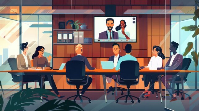 startup team participating in a video conference with international partners in a tech-equipped meeting room