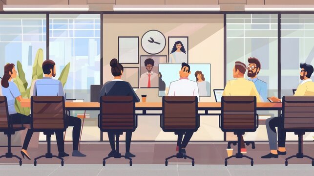 startup team participating in a video conference with international partners in a tech-equipped meeting room