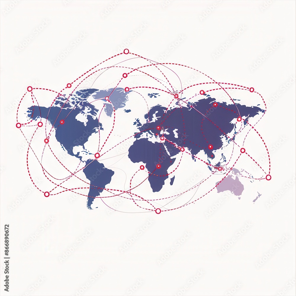 Leinwandbilder A minimalist illustration featuring a world map with highlighted routes connecting various destinations. Ideal for travel agencies and global booking services. Generative AI