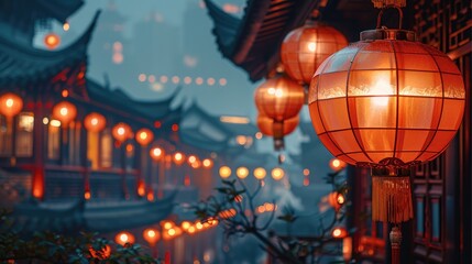 Night view of ancient Chinese buildings, a red lantern, lights. Generative AI.